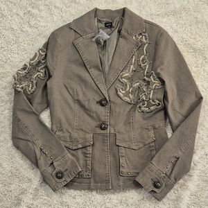 new AZIZ studded Olive Blazer S Army Green 2 Button Embellished Jacket Small